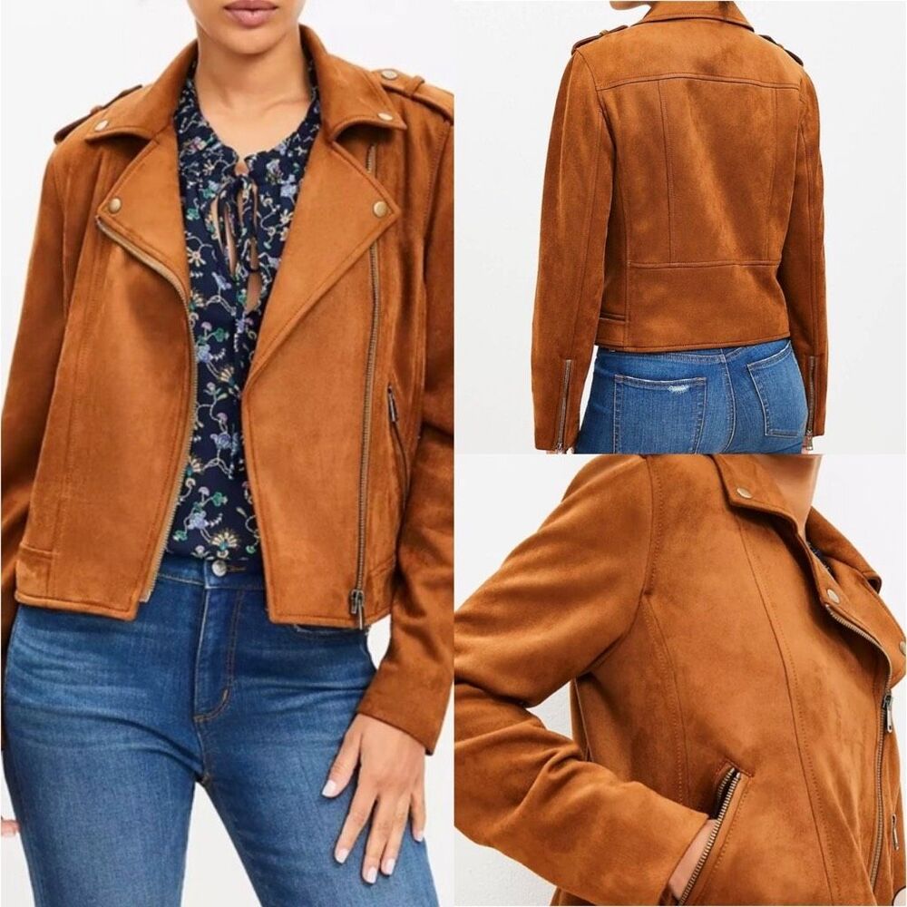 LOFT $160 Faux Suede Moto Jacket Toasted Biscotti Medium Tall NEW